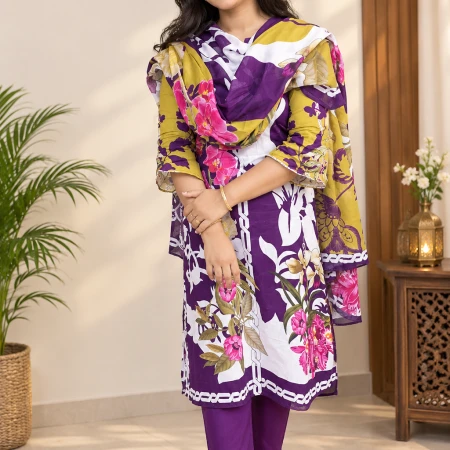 (NB-09) Purple & Mustard Yellow Floral Print Three-Piece